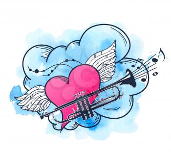 Musical retro background with pink heart and trumpet. Vector illustration with blue watercolor texture