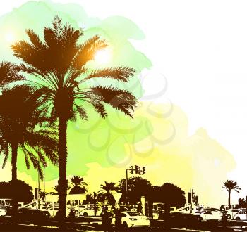 Watercolor background with buildings and palms in Dubai city, United Arab Emirates. Travel concept. 
