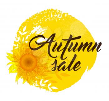 Background for autumn sale with yellow sunflower. Autumn sale lettering.
