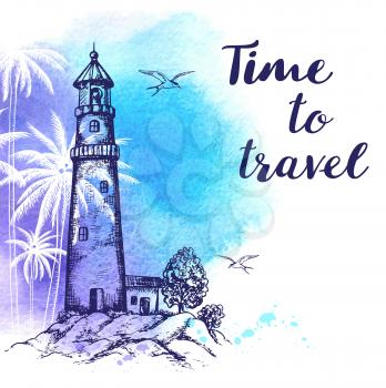 Vintage vector travel background with lighthouse and blue watercolor texture. Time to travel lettering