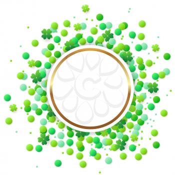 Abstract vector round banner with green confetti and clover leaves on a white background. Design for St. Patrick's Day