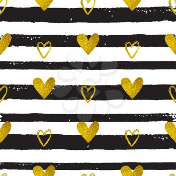Decorative festive seamless pattern with golden hearts and black lines. Vector background for Valentine's day