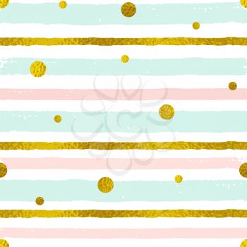 Vector abstract striped seamless pattern with golden circles. Decorative grunge background with green, pink and golden strips 