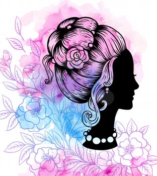 Silhouette of a female head and flowers on a pink watercolor background. Vintage style. Hand drawn vector illustration. Design for beauty salon.