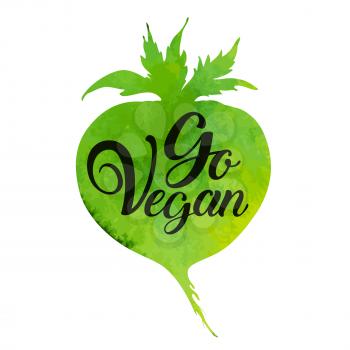 Green watercolor root vegetable and lettering Go vegan. Vegetarian lifestyle concept. Hand drawn vector illustration