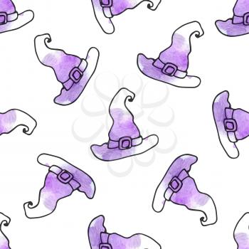 Halloween doodle vector seamless pattern with witch hat. Hand drawn illustration with watercolor texture.