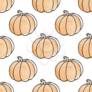Decorative autumn seamless pattern with pumpkins on a white background. Hand drawn illustration with watercolor texture