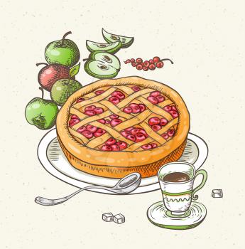 Fresh hot fruit pie, apples and cup of coffee. Hand drawn vector illustration