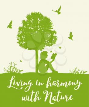 Landscape with green tree, birds and girl reading a book. Concept of living in harmony with nature.