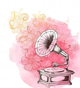 Abstract music background with vintage gramophone, flowers and pink watercolor texture. Hand drawn vector illustration