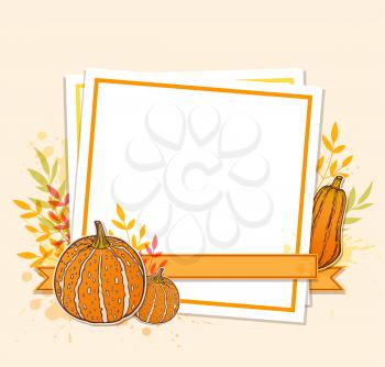 Autumn vector vintage background with orange pumpkins and white sheet of paper. Floral frame for seasonal fall sale. 