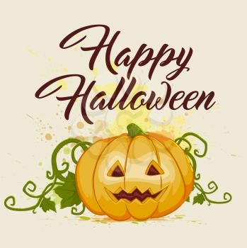 Halloween background with orange pumpkin and greeting inscription