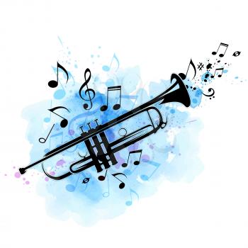 Music abstract background with black trumpet, notes and blue watercolor texture. Vector illustration.