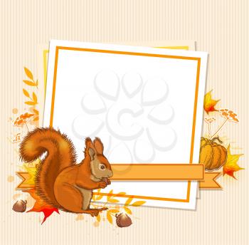 Autumn background with pumpkin, squirrel and blank sheet of paper
