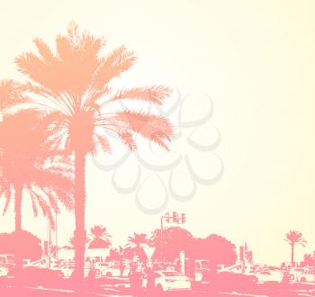 Retro background with buildings and palms in Dubai city, United Arab Emirates. Travel concept.