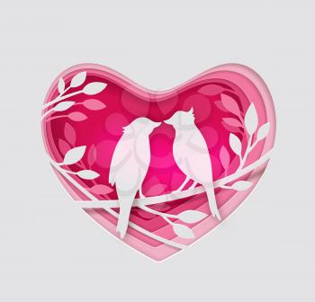 Vector cut out of paper pink heart with two birds on a branch. Romantic Valentine background. Holiday greeting card