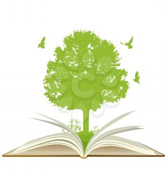 Open book with green tree and birds on a white background. Ecology concept.