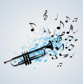 Music abstract background with black trumpet, notes and blue blots. Vector illustration.