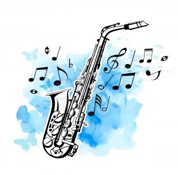 Abstract vector background with music notes and saxophone on a blue watercolor texture