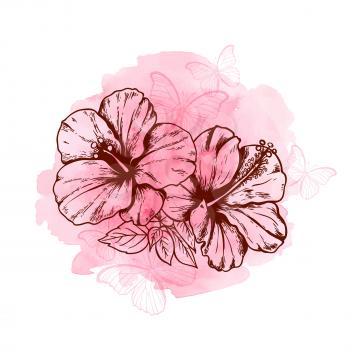 Abstract floral background with hibiscus flowers, butterflies and pink watercolor texture