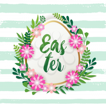 Decorative Easter egg, spring flowers and green leaves. Festive background. Vector illustration. Holiday greeting card.