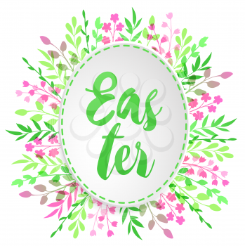 Decorative Easter greeting card with egg, pink flowers and green leaves. Festive background. Vector illustration. Holiday greeting card.