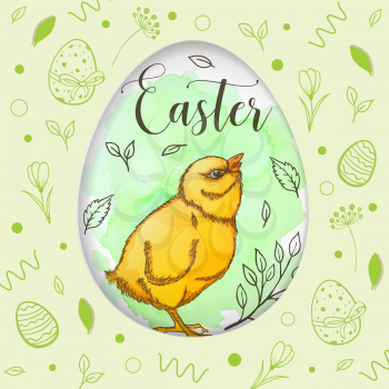 Decorative cut out of paper Easter card with chicken on a green watercolor background. Vector illustration.