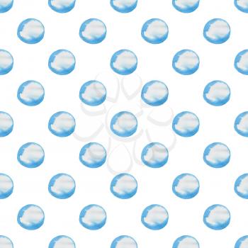 Decorative hand drawn watercolor seamless pattern with round blue blots on a white background