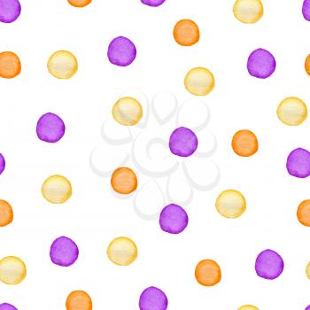 Decorative watercolor seamless pattern with polka dots. Violet and orange round blots on a white background