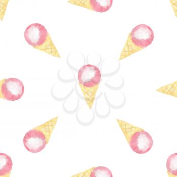 Watercolor seamless pattern with pink ice cream in a waffle cone on a white background