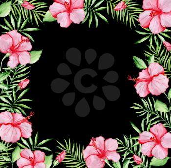 Watercolor tropical floral frame with red hibiscus flowers and green palm leaves on a black background