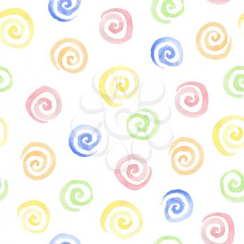 Abstract watercolor seamless pattern with colorful spirals on a white background. Pink, blue, green and yellow swirl