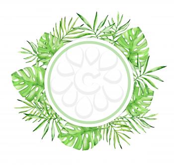 Round watercolor tropical floral frame with green palm leaves on a white background