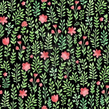 Watercolor floral seamless pattern with green flowers and leaves on a black background