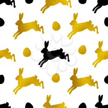 Easter seamless pattern with golden and black rabbits and hearts. Vector illustration. Decorative festive background