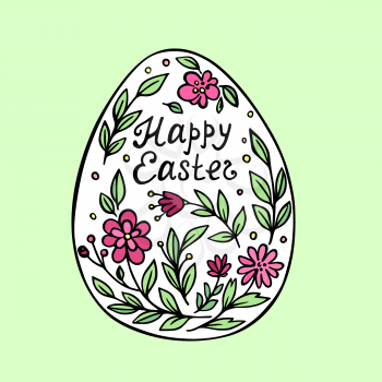 Holiday Easter greeting card with decorative floral egg on a green background. Hand drawn vector illustration. 