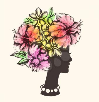 Silhouette of a female head, tropical flowers and watercolor texture. Vintage style. Hand drawn vector illustration. Design for beauty salon.