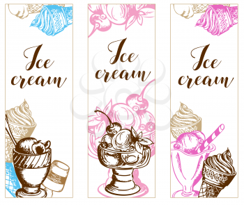 Vintage vertical backgrounds with fruit and chocolate ice cream. Hand drawn vector illustration