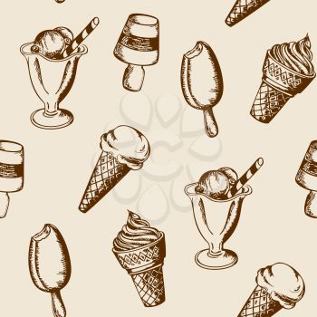 Vintage hand drawn seamless pattern with different ice cream. Vector illustration