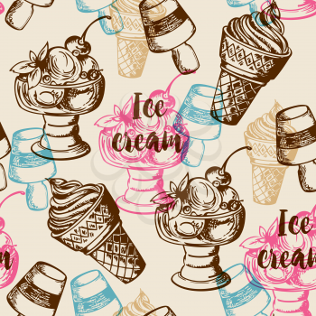 Vintage summer seamless pattern with different ice cream. Hand drawn vector background