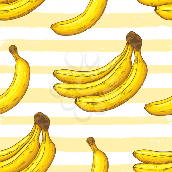 Seamless pattern with ripe yellow bananas. Summer striped tropical background. Hand drawn vector illustration