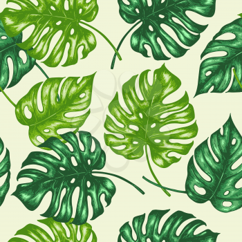 Tropical seamless pattern with green palm leaves. Hand drawn vintage vector background.