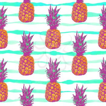 Tropical vector seamless pattern with pineapple on striped background.