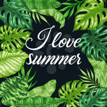Tropical summer frame with green palm leaves on a black background. Hand drawn vector illustration. Ilove summer lettering