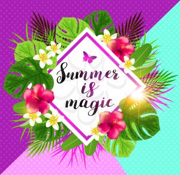 Tropical summer bright background with green palm leaves and pink flowers. Hand drawn vector illustration. Summer is magic lettering