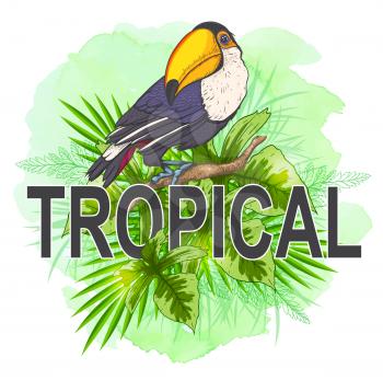 Summer tropical background with palm leaves, toucan bird and green watercolor texture. Hand drawn vector illustration