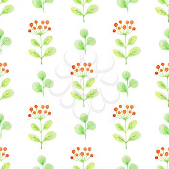 Watercolor seamless pattern with green leaves and red berries on a white background. 