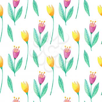 Watercolor floral seamless pattern with pink and yellow flowers and green leaves. Hand drawn nature background