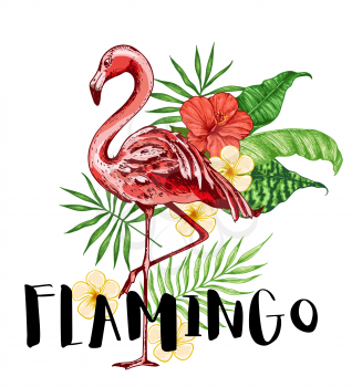 Summer background with pink flamingo, tropical flowers and green palm leaves. Vector illustration