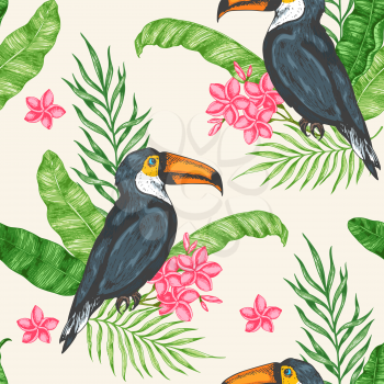 Tropical seamless pattern with green banana leaves, flowers and toucan bird. Hand drawn vector background